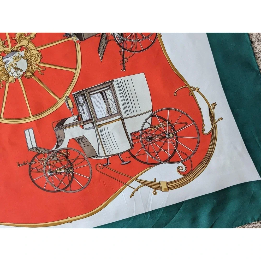 Korean Air Vintage 1980s‎ Equestrian Carriage Print Square Scarf Red Green 34